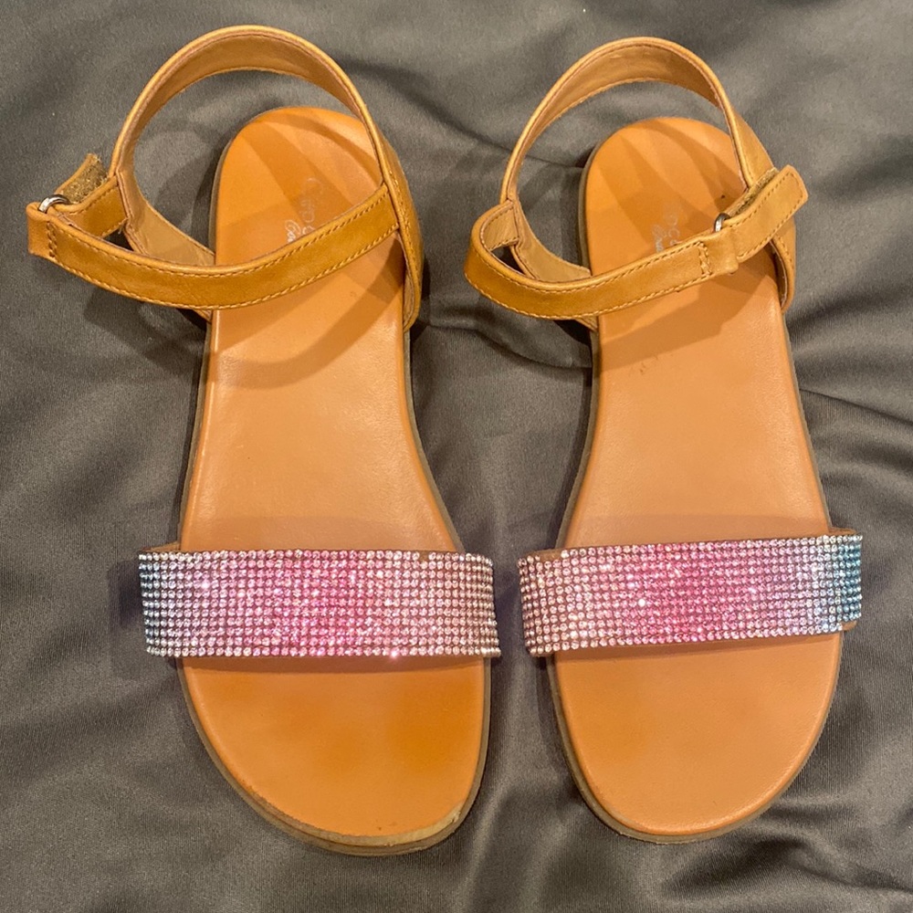 Cupcake Couture girls tan sandals with colorful rhinestone straps size 12
